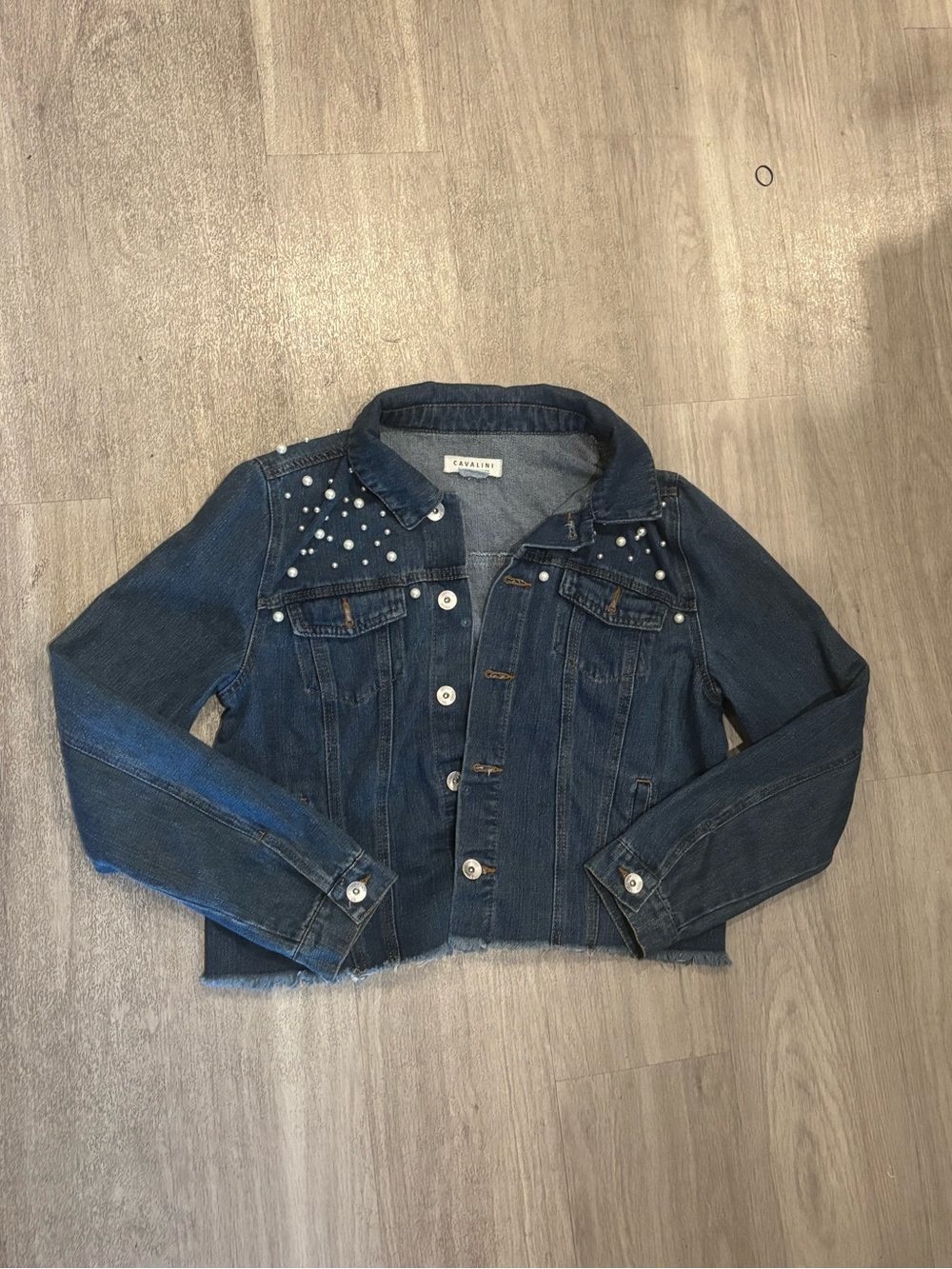 Cavalini Dark Blue Pearl-Embellished Denim Jacket